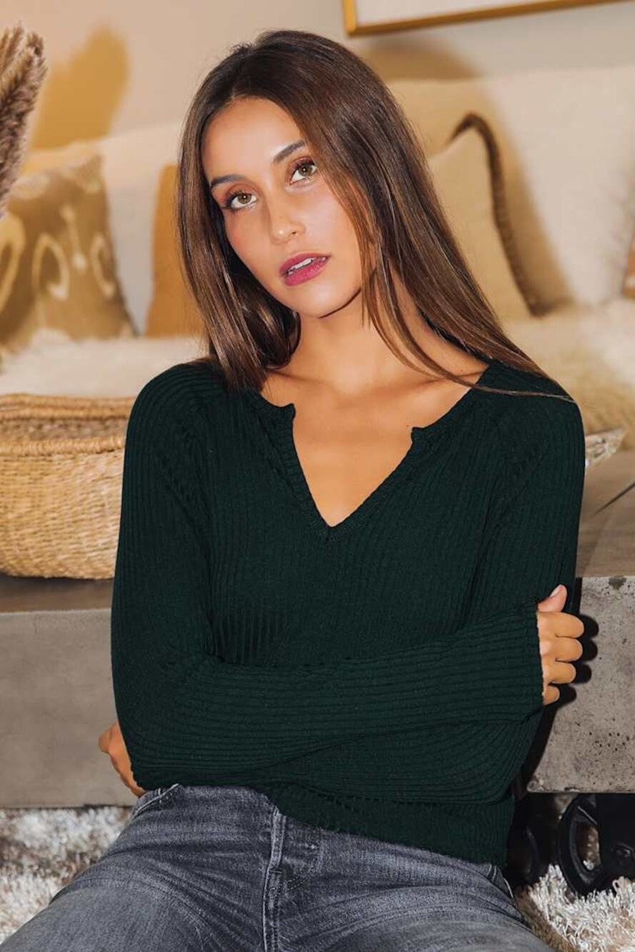 Lulus Lacefield Hunter Green Notched Long Sleeve Sweater Top Ribbed XS NWT